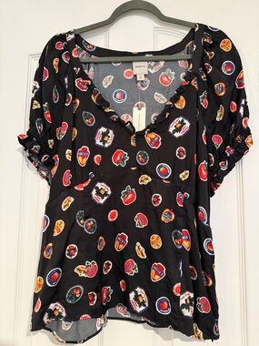 Maeve Black Short Sleeve V-Neck Peasant Top with Fruit Badge Print